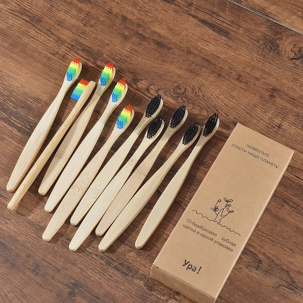 10Pcs Colorful Toothbrush Natural Bamboo Tooth Brush Sets Soft Bristle Charcoal Teeth Eco Bamboo Toothbrushes Dental Oral Care